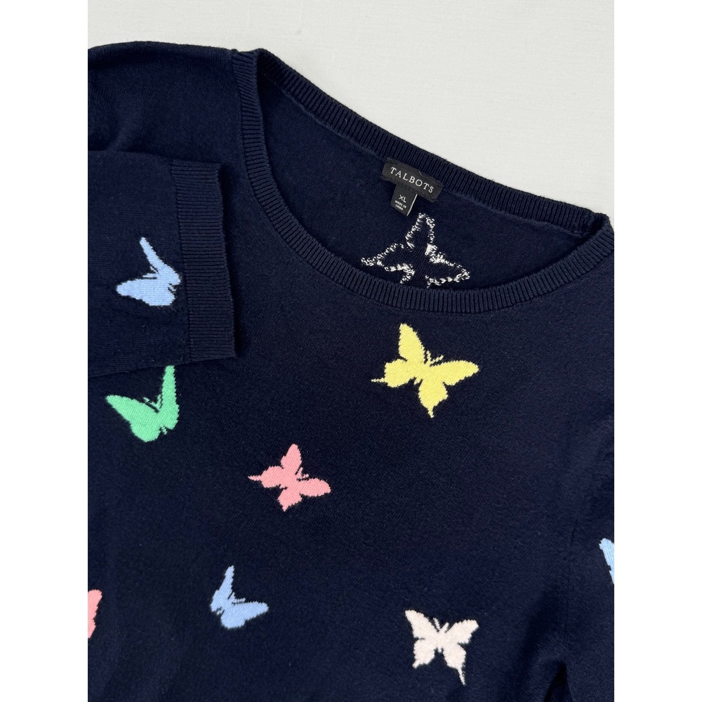 Talbots XL Navy Blue Butterfly Print Cotton Blend Crewneck Sweater 3/4 Sleeve